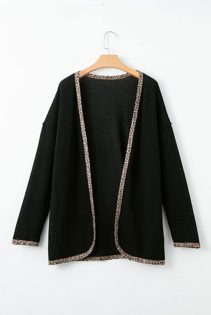 Black Waffle Knit Leopard Contrast Open Front Cardigan - Vesteeto