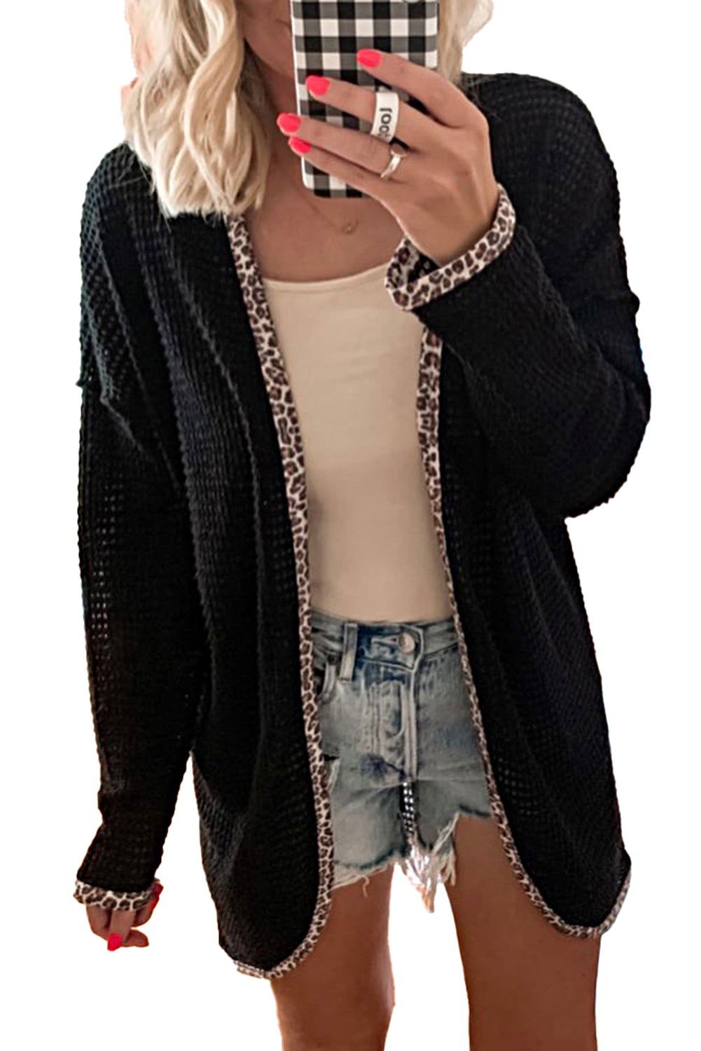 Black Waffle Knit Leopard Contrast Open Front Cardigan - Vesteeto