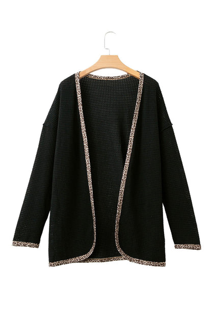 Black Waffle Knit Leopard Contrast Open Front Cardigan - Vesteeto