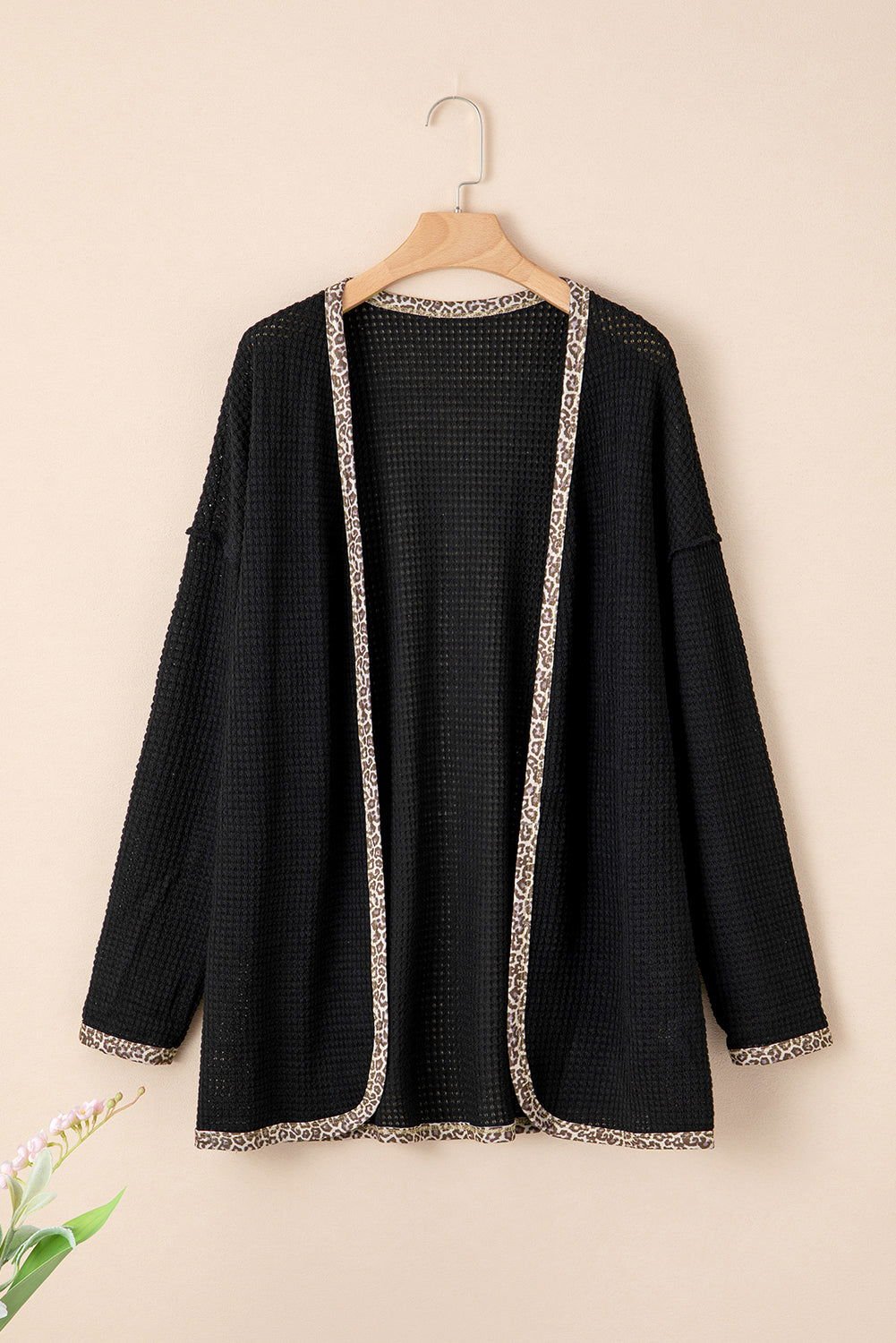 Black Waffle Knit Leopard Contrast Open Front Cardigan - Vesteeto