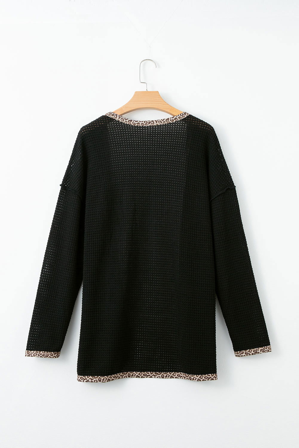 Black Waffle Knit Leopard Contrast Open Front Cardigan - Vesteeto