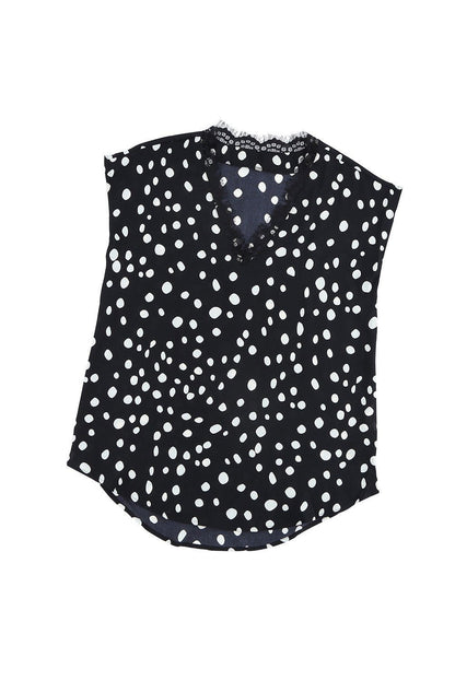 Black & White Polka Dot Lace Trim V Neck Summer Top - Vesteeto