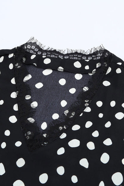 Black & White Polka Dot Lace Trim V Neck Summer Top - Vesteeto