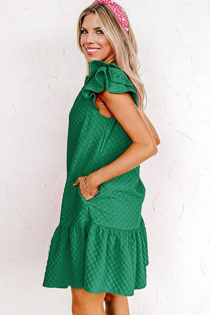 Blackish Green Flutter Shoulder Textured Checked Mini Dress - Vesteeto