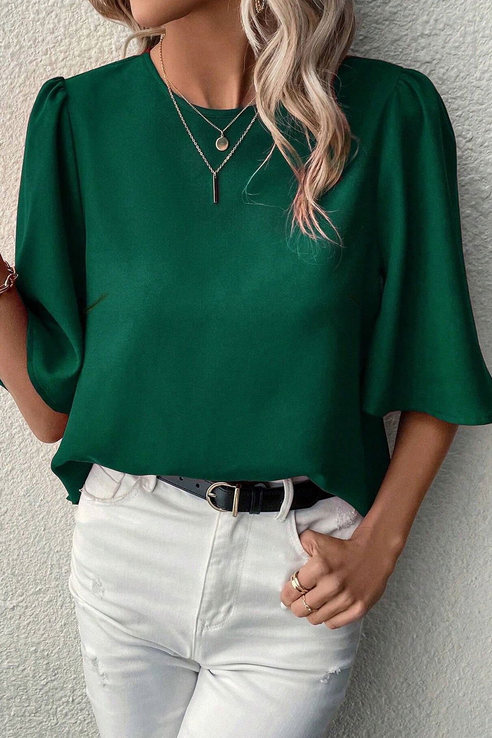 Blackish Green Solid Color Keyhole Back Puff Sleeve Blouse - Vesteeto