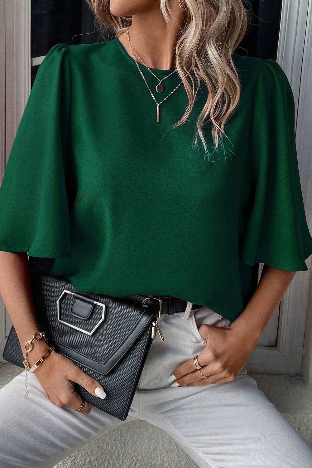 Blackish Green Solid Color Keyhole Back Puff Sleeve Blouse - Vesteeto