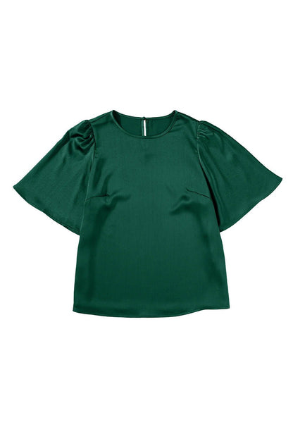 Blackish Green Solid Color Keyhole Back Puff Sleeve Blouse - Vesteeto