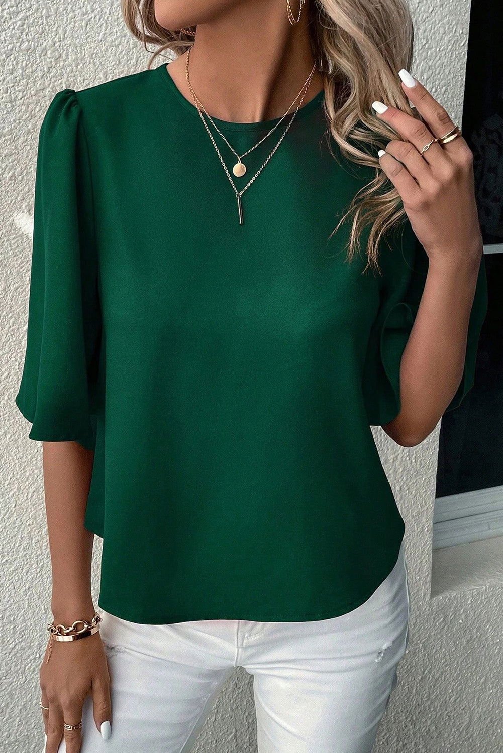 Blackish Green Solid Color Keyhole Back Puff Sleeve Blouse - Vesteeto