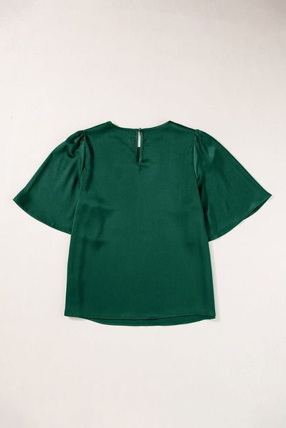 Blackish Green Solid Color Keyhole Back Puff Sleeve Blouse - Vesteeto