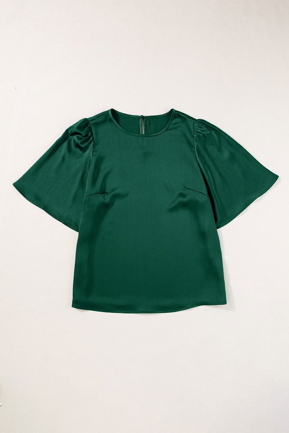 Blackish Green Solid Color Keyhole Back Puff Sleeve Blouse - Vesteeto