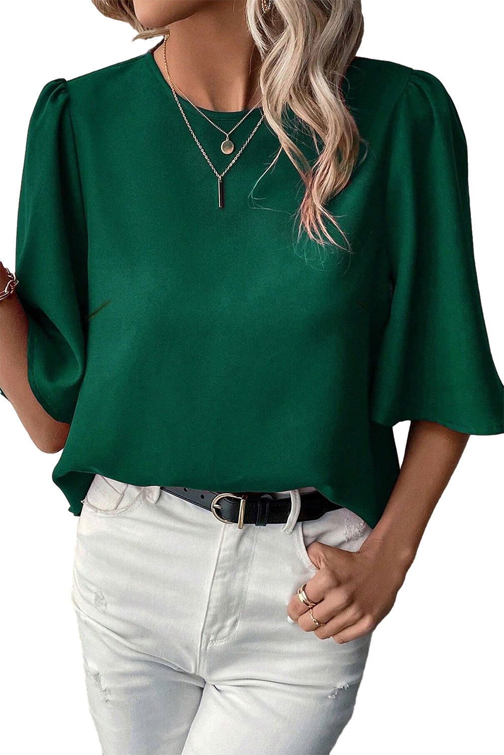 Blackish Green Solid Color Keyhole Back Puff Sleeve Blouse - Vesteeto