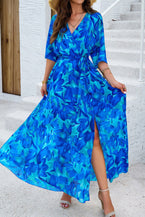 Blue Abstract Print Belted Side Slits Maxi Dress - Vesteeto