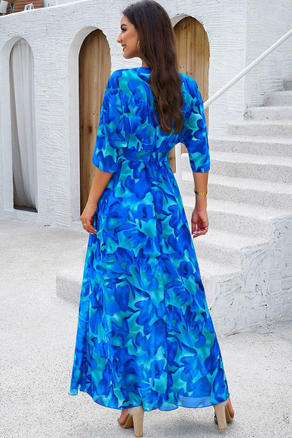 Blue Abstract Print Belted Side Slits Maxi Dress - Vesteeto