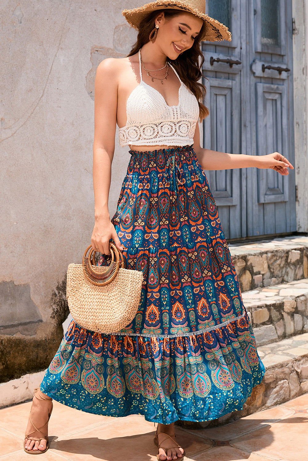 Blue Bohemian Ethnic Print Lace Patchwork Maxi Skirt - Vesteeto