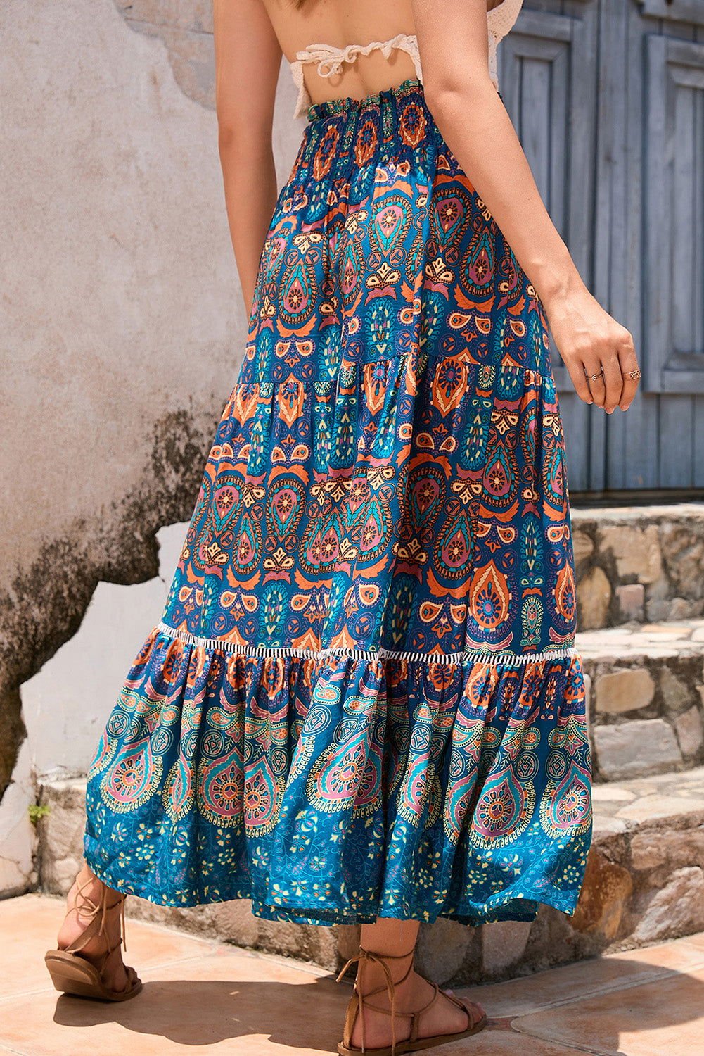 Blue Bohemian Ethnic Print Lace Patchwork Maxi Skirt - Vesteeto