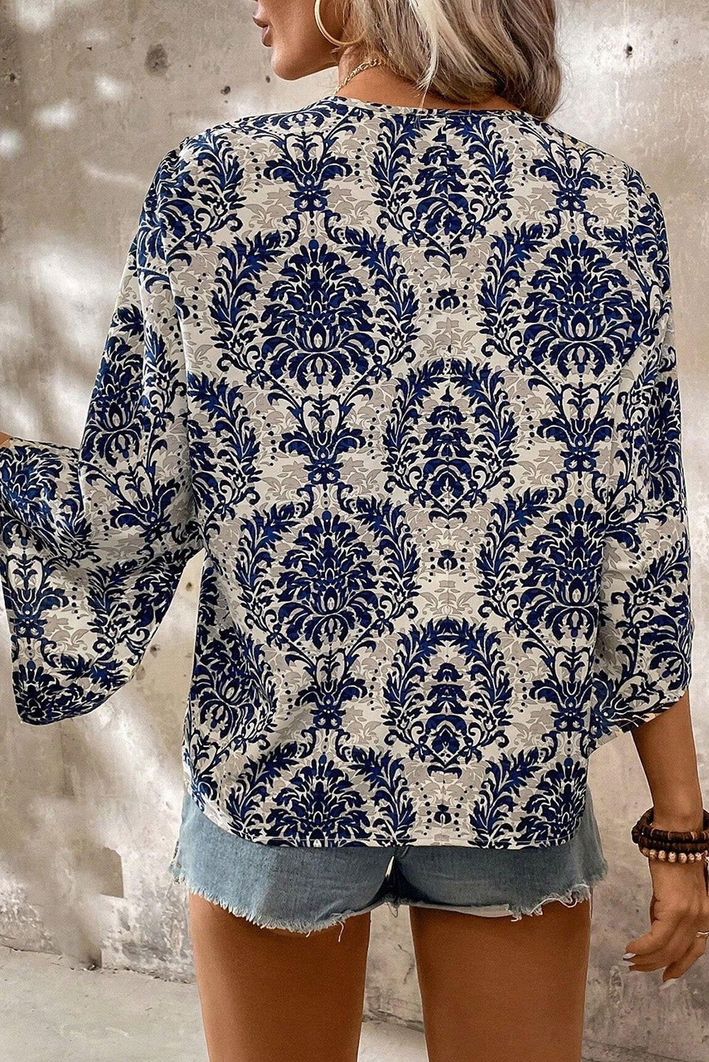 Blue Bohemian Print Flounce Sleeve Blouse - Vesteeto