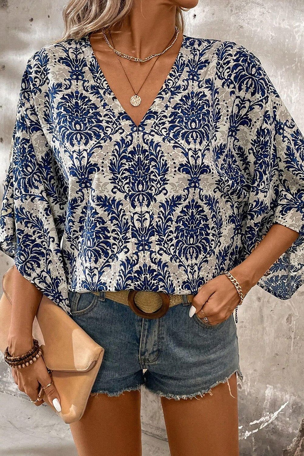 Blue Bohemian Print Flounce Sleeve Blouse - Vesteeto