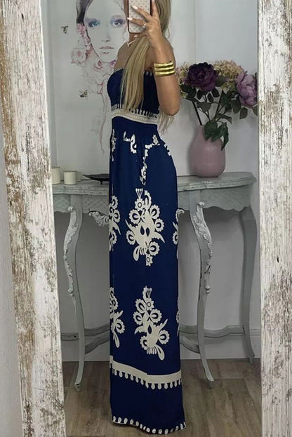 Blue Boho Print High Waist Wide Leg Jumpsuit - Vesteeto