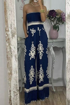 Blue Boho Print High Waist Wide Leg Jumpsuit - Vesteeto