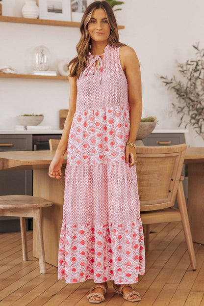 Pink Abstract Sleeveless V Neck Summer Tiered Dress 