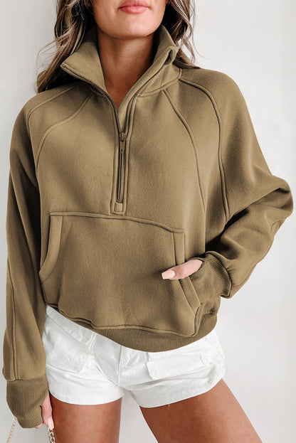 Smoke Green Zip Up Stand Collar Ribbed Thumbhole Sleeve Sweatshirt 