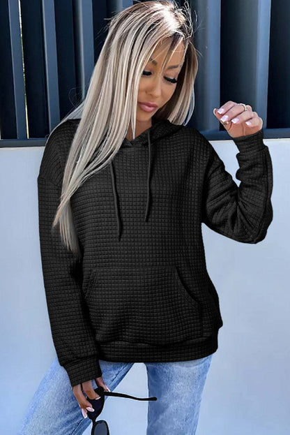 Black Lattice Textured Kangaroo Pocket Drawstring Hoodie 