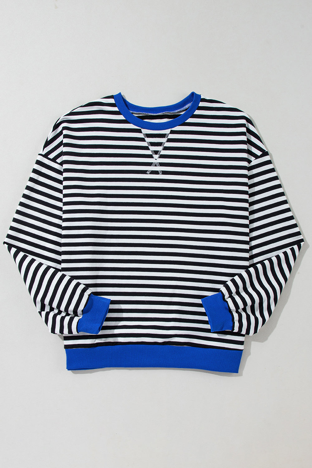 Blue Stripe Contrast Edge Cross Seam Oversized Pullover 