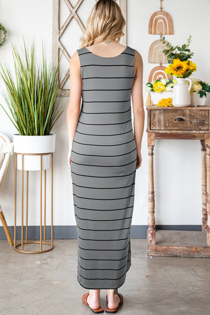 Khaki Striped Backless Casual Side Slits Maxi Dress 