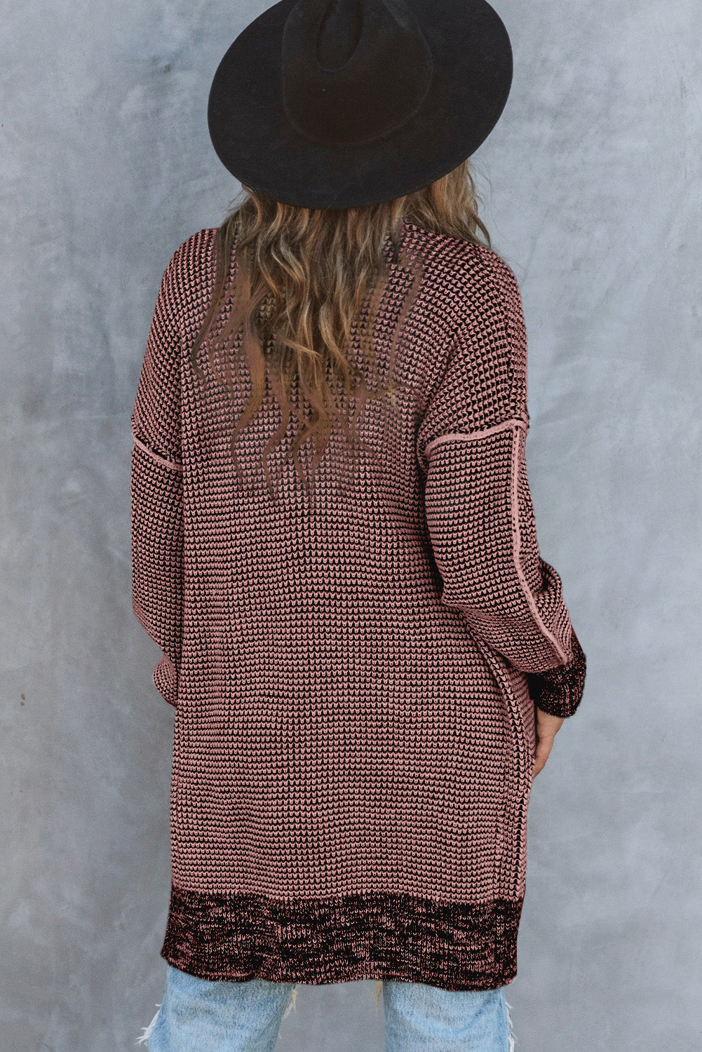 Pink Plaid Contrast Trim Casual Knit Long Cardigan 