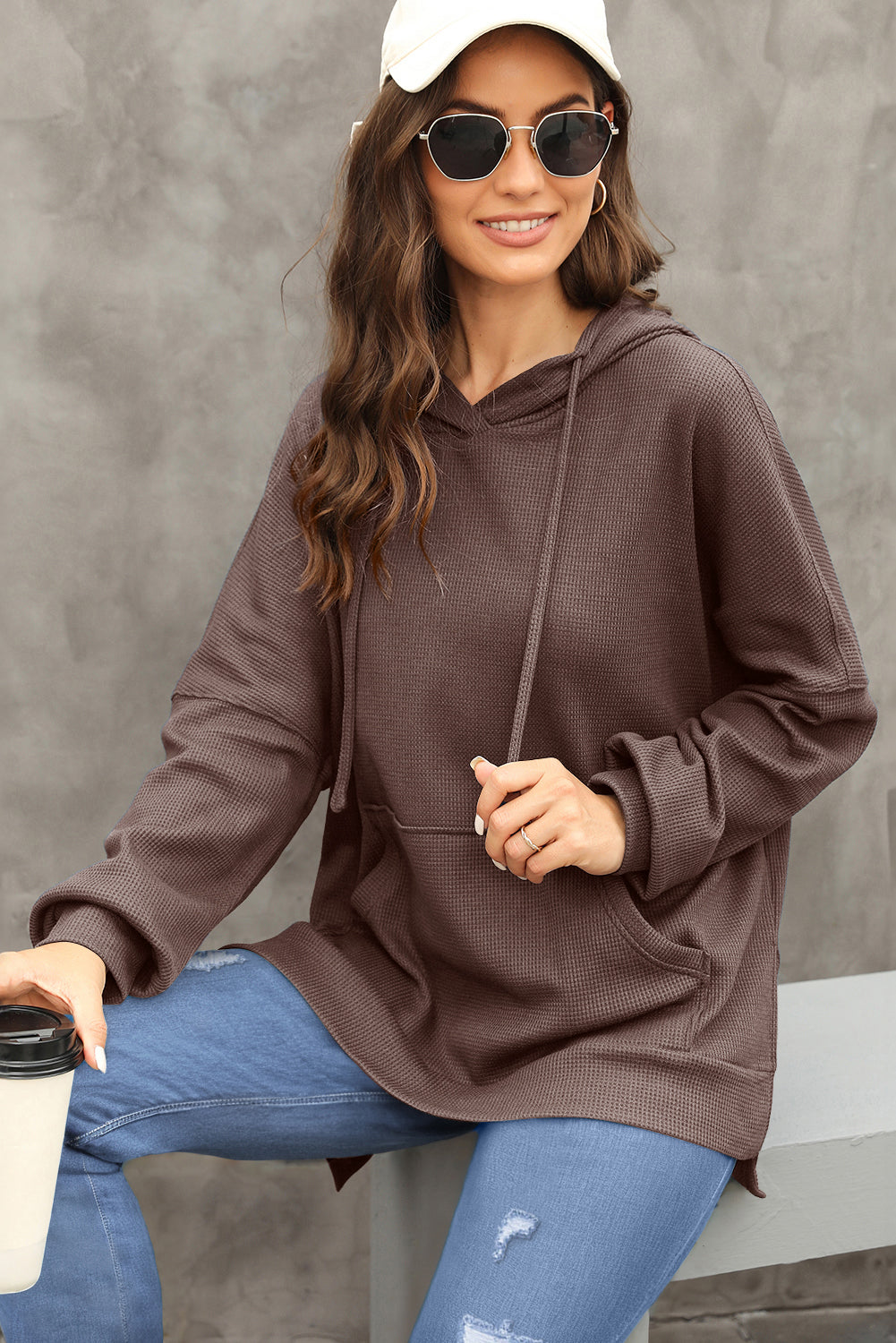 Coffee Waffle Knit High Low Oversized Hoodie 