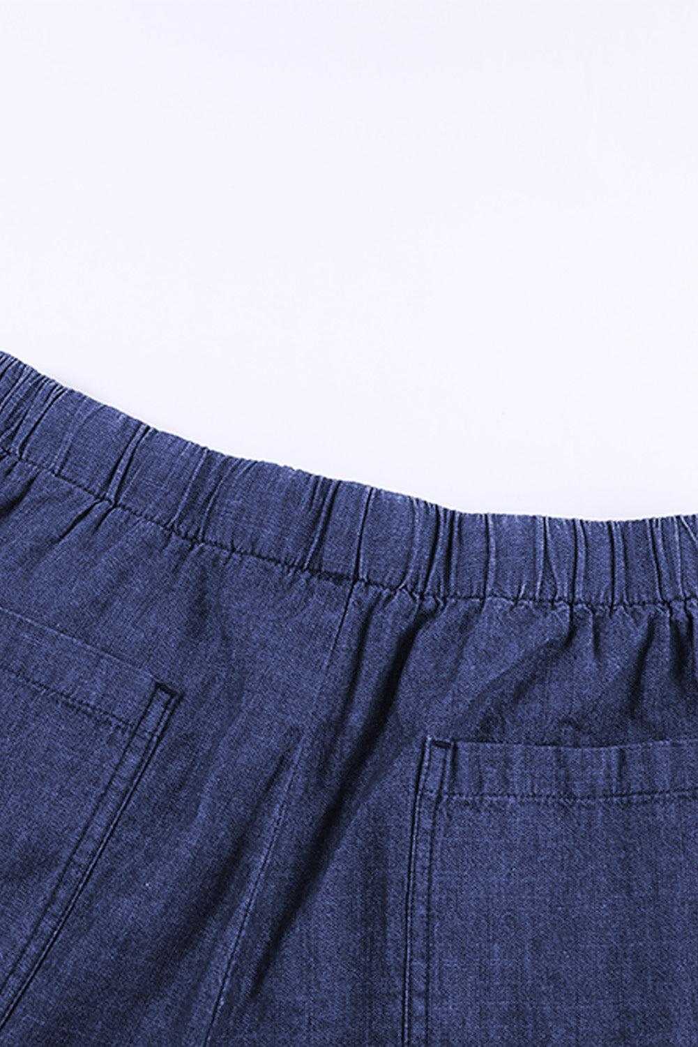 Light Blue Casual Frayed Pocketed Denim Shorts - Vesteeto
