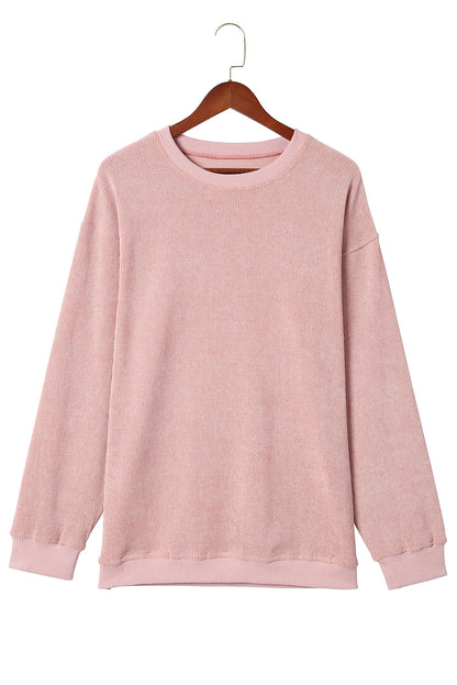 Pink Solid Ribbed Round Neck Pullover Sweatshirt 