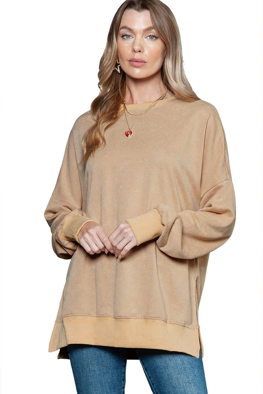 Pink Plain Drop Shoulder Ribbed Trim Oversized Sweatshirt 