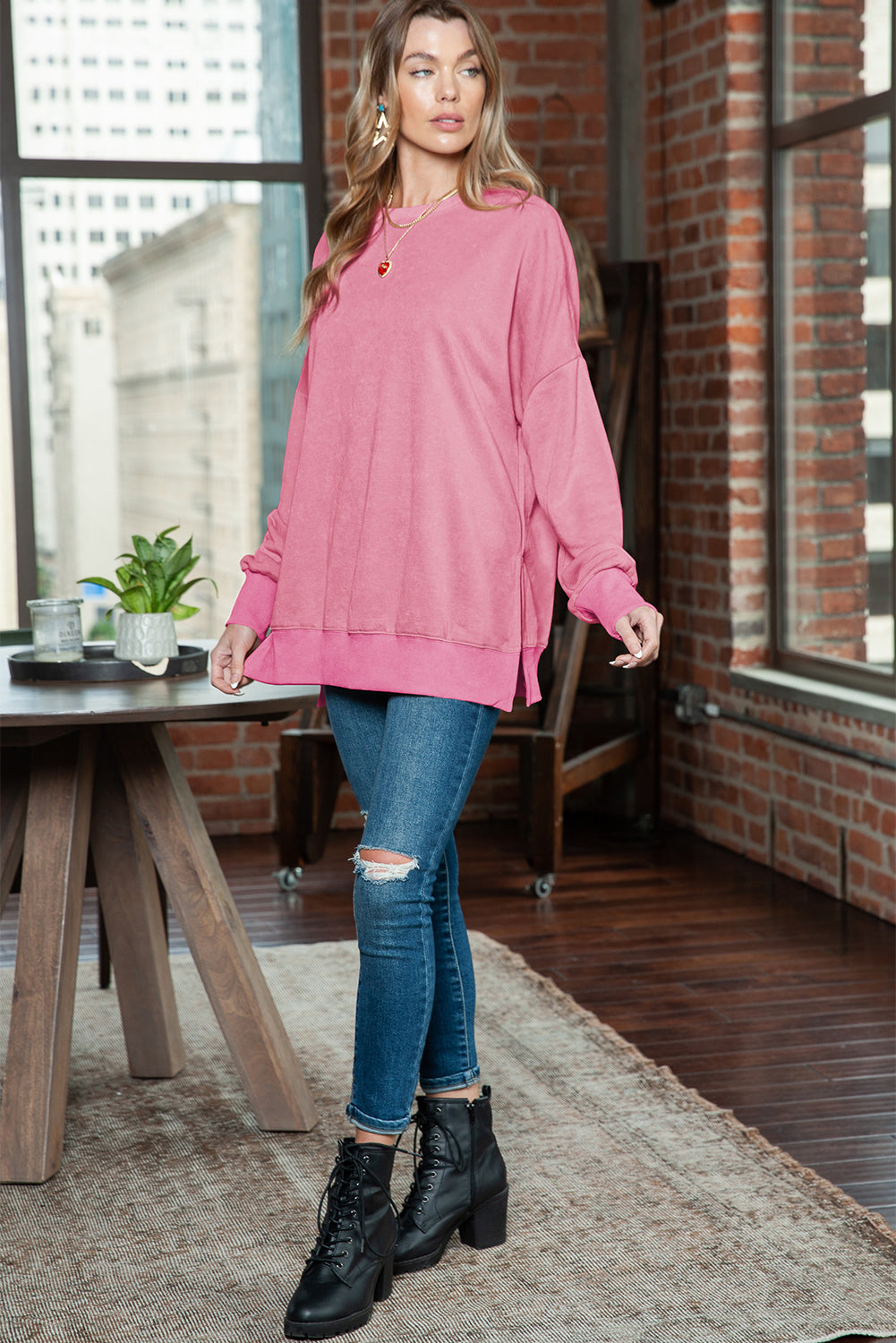 Pink Plain Drop Shoulder Ribbed Trim Oversized Sweatshirt 