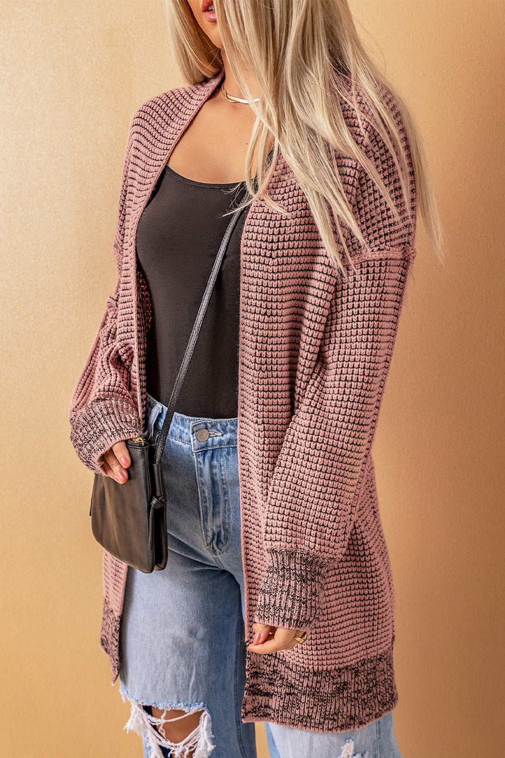 Pink Plaid Contrast Trim Casual Knit Long Cardigan 