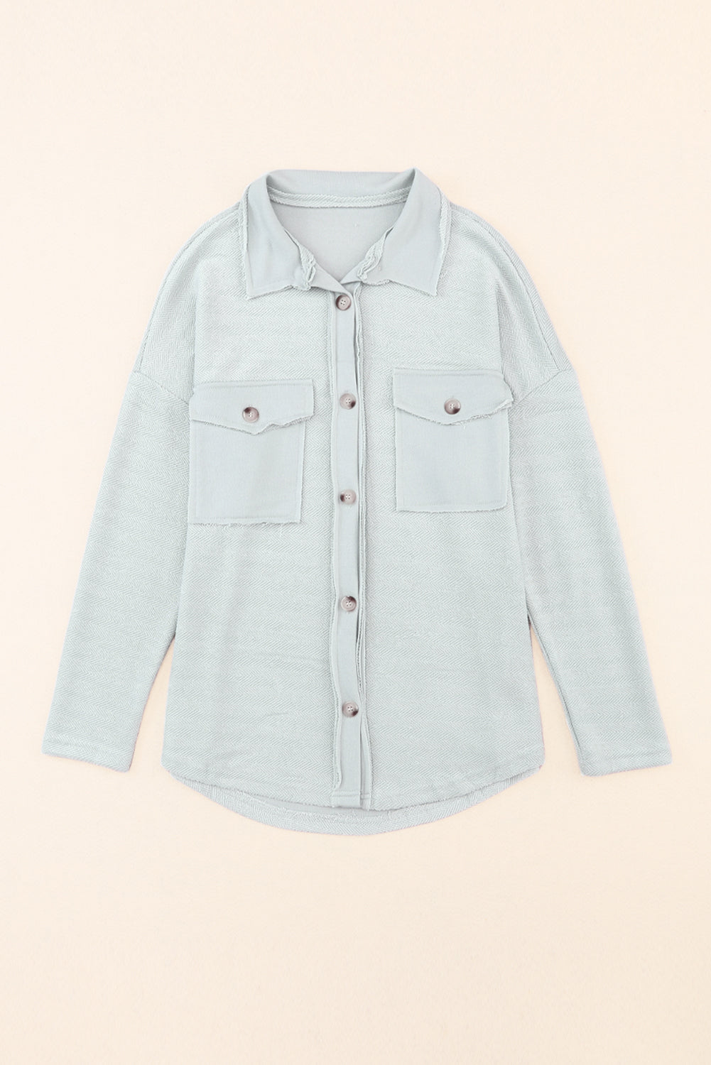 Grey Solid Color Textured Button Up Shirt Shacket with Pockets 