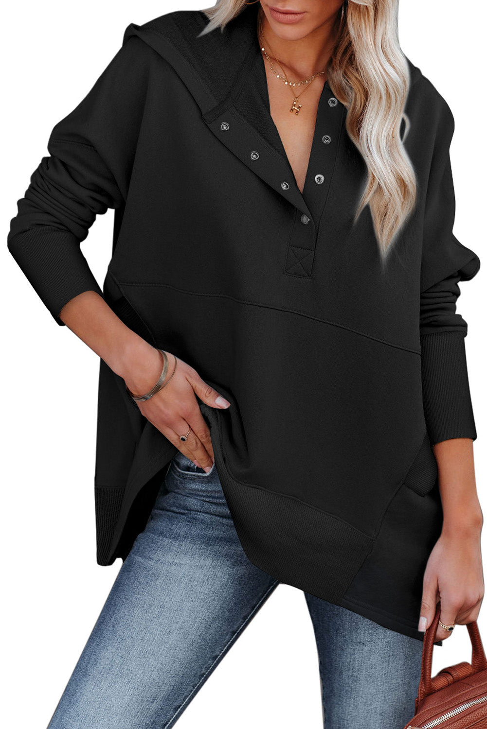 Black Casual Pocketed Batwing Sleeve Henley Hoodie 