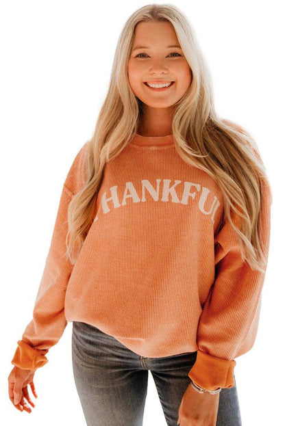 Orange Thanksgiving Thankful Casual Ribbed Corded Sweatshirt 