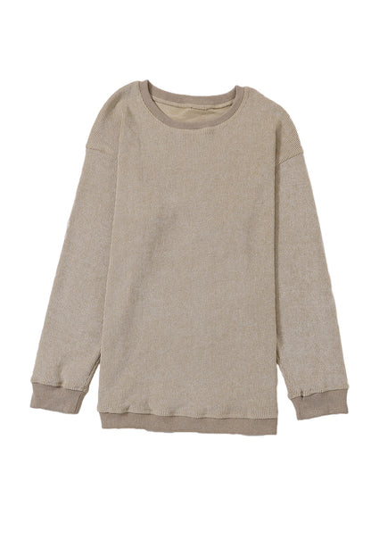 Pink Solid Ribbed Round Neck Pullover Sweatshirt 