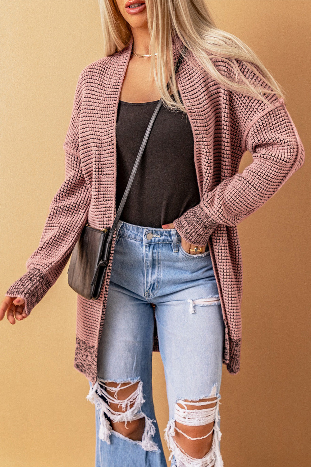 Pink Plaid Contrast Trim Casual Knit Long Cardigan 