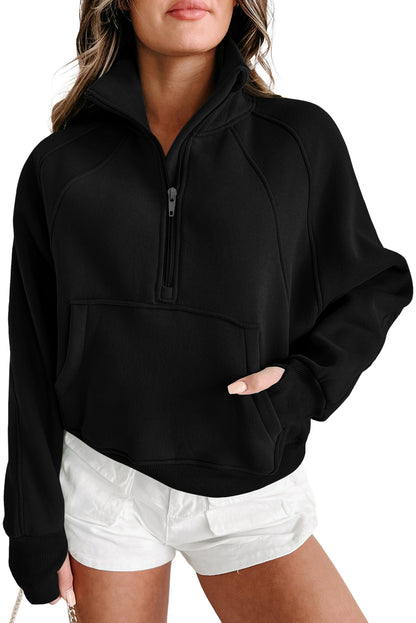 Smoke Green Zip Up Stand Collar Ribbed Thumbhole Sleeve Sweatshirt 