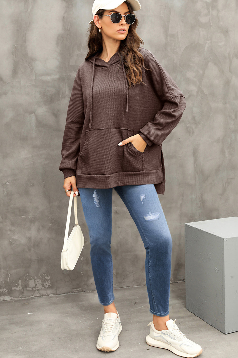 Coffee Waffle Knit High Low Oversized Hoodie 