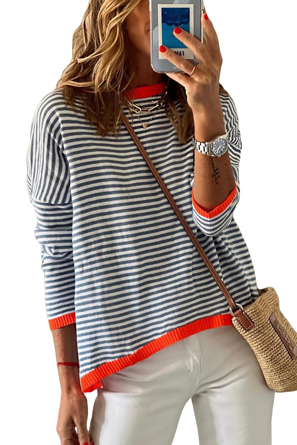 Striped Colorblock Trim Knit Pullover Sweater 