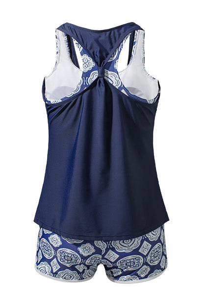 Dark Blue 3pcs Beach Sporty Racerback Tankini Swimsuit 