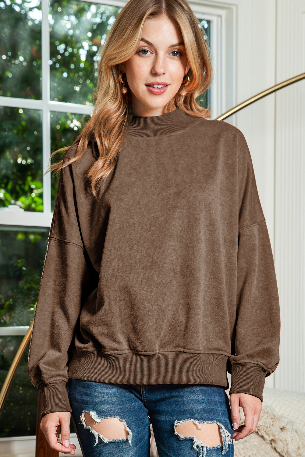 Brown Plain Drop Shoulder Crew Neck Pullover Sweatshirt 