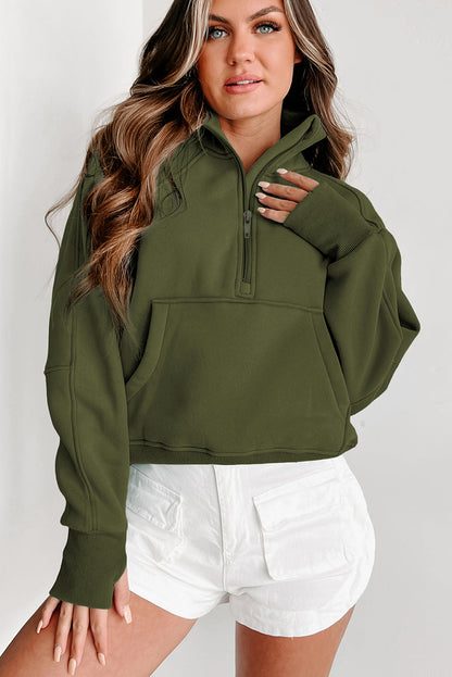 Smoke Green Zip Up Stand Collar Ribbed Thumbhole Sleeve Sweatshirt 