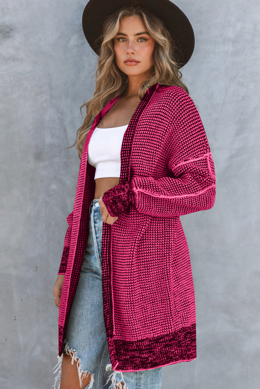 Pink Plaid Contrast Trim Casual Knit Long Cardigan 