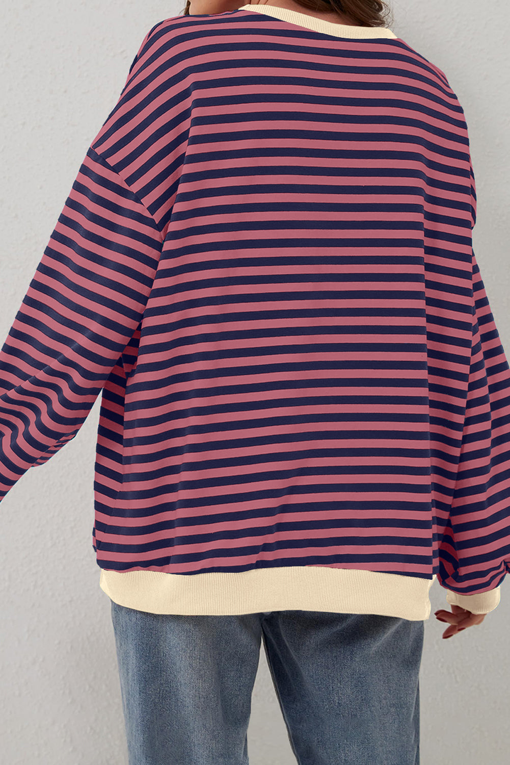 Blue Stripe Contrast Edge Cross Seam Oversized Pullover 