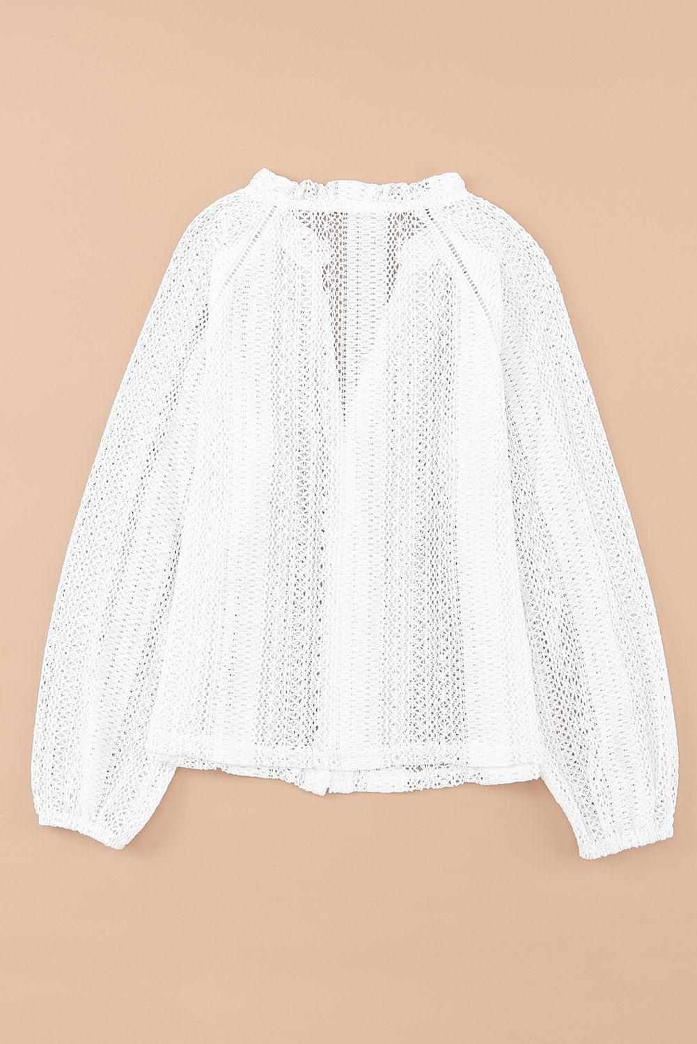 White Notch Neck Button Down Raglan Sleeve Crochet Top 