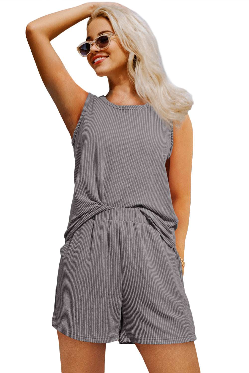 Smoke Gray Corded Tank Top and Pocketed Shorts Set 